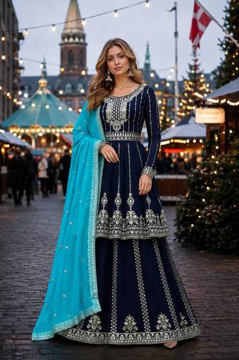 Navy georgette semi stitched suit with embroidery & sequin work