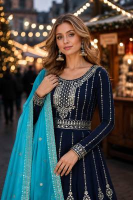 Navy georgette semi stitched suit with embroidery & sequin work 2