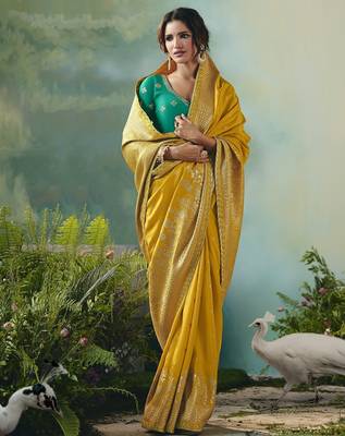 Mustard zari woven silk blend viscose dola silk saree with blouse 1