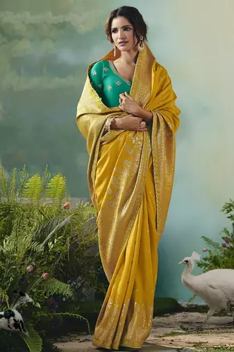 Mustard zari woven silk blend viscose dola silk saree with blouse