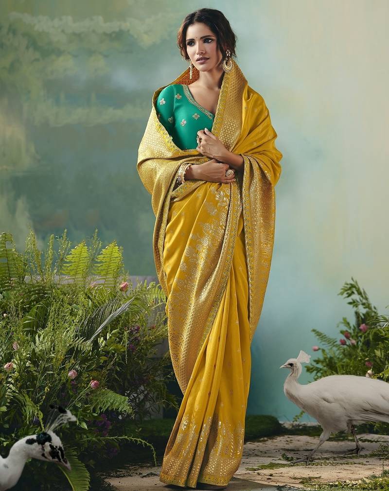 Mustard zari woven silk blend viscose dola silk saree with blouse