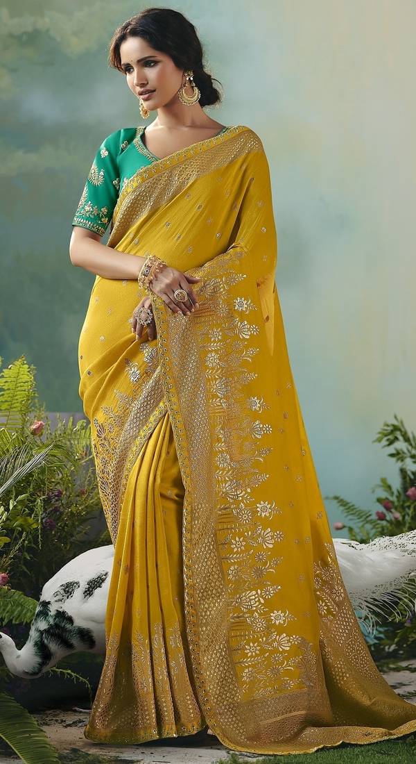 Mustard zari woven silk blend viscose dola silk saree with blouse