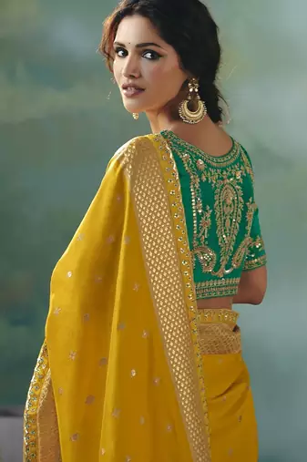 Mustard zari woven silk blend viscose dola silk saree with blouse