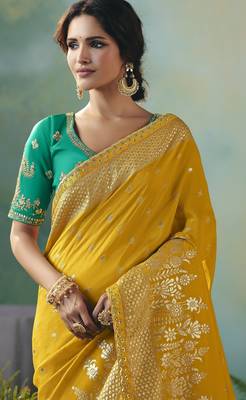 Mustard zari woven silk blend viscose dola silk saree with blouse 3