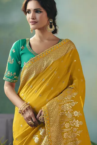 Mustard zari woven silk blend viscose dola silk saree with blouse
