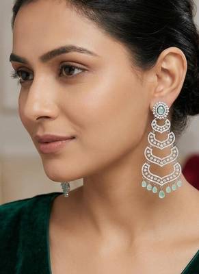Mint Green Crystal Chandelier Earrings, Silver Tone Art Deco Statement Jewelry 1