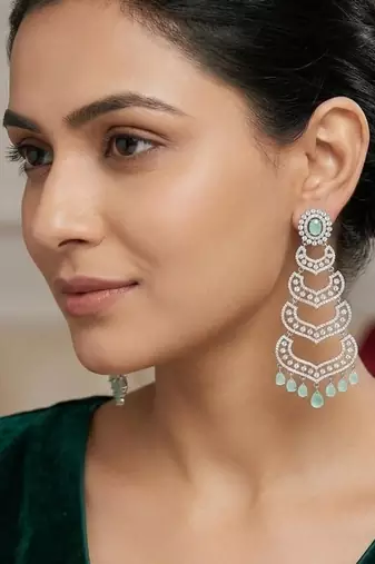 Mint Green Crystal Chandelier Earrings, Silver Tone Art Deco Statement Jewelry