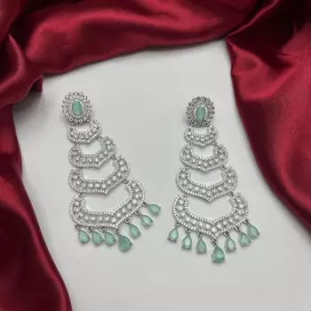 Mint Green Crystal Chandelier Earrings, Silver Tone Art Deco Statement Jewelry 2