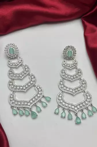 Mint Green Crystal Chandelier Earrings, Silver Tone Art Deco Statement Jewelry