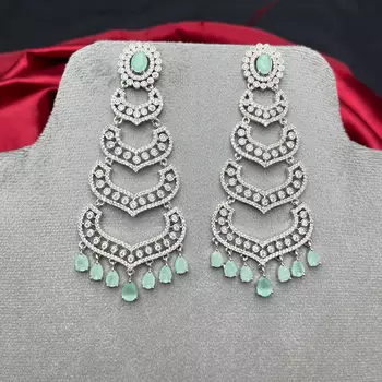 Mint Green Crystal Chandelier Earrings, Silver Tone Art Deco Statement Jewelry 3