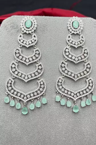 Mint Green Crystal Chandelier Earrings, Silver Tone Art Deco Statement Jewelry
