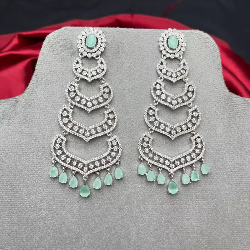 Mint Green Crystal Chandelier Earrings, Silver Tone Art Deco Statement Jewelry