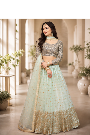 Women's Sky Blue Net Sequins Embroidered Lehenga Choli with Designer Dupatta 1