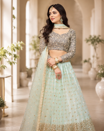 Women's Sky Blue Net Sequins Embroidered Lehenga Choli with Designer Dupatta