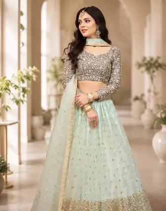 Women's Sky Blue Net Sequins Embroidered Lehenga Choli with Designer Dupatta