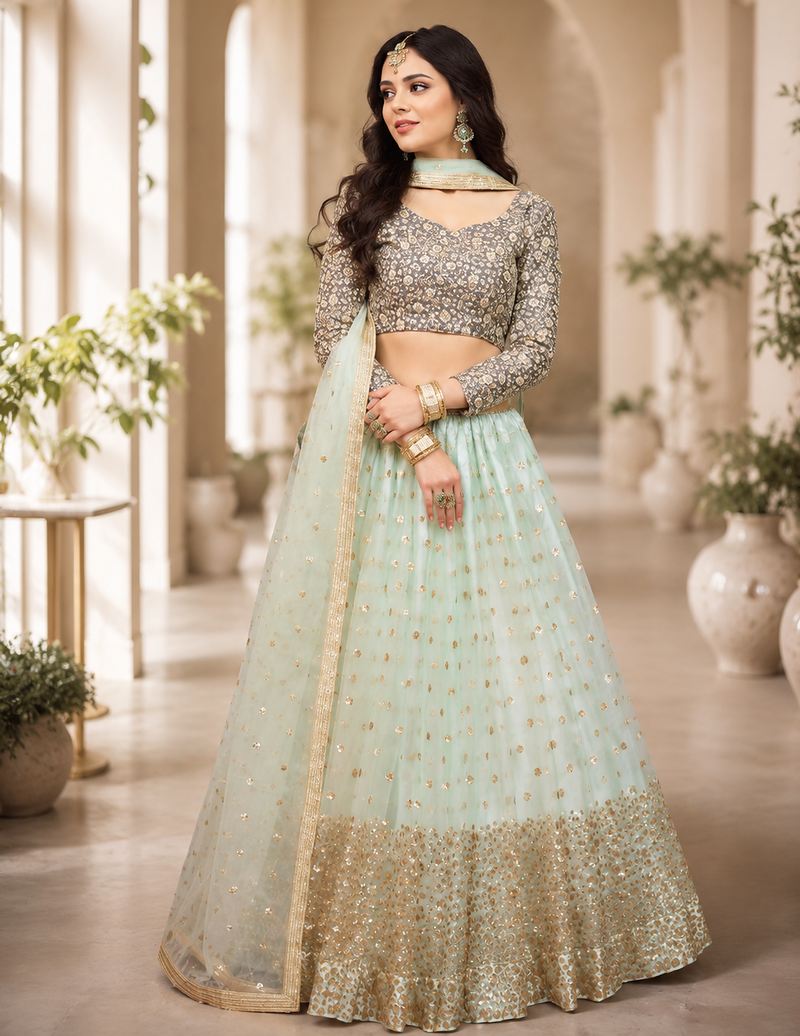 Women's Sky Blue Net Sequins Embroidered Lehenga Choli with Designer Dupatta