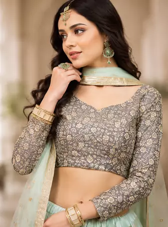 Women's Sky Blue Net Sequins Embroidered Lehenga Choli with Designer Dupatta