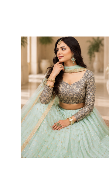 Women's Sky Blue Net Sequins Embroidered Lehenga Choli with Designer Dupatta 3