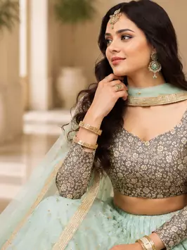 Women's Sky Blue Net Sequins Embroidered Lehenga Choli with Designer Dupatta