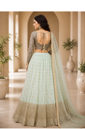 Women's Sky Blue Net Sequins Embroidered Lehenga Choli with Designer Dupatta 4