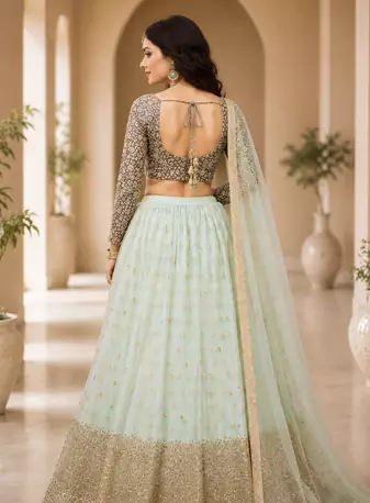 Women's Sky Blue Net Sequins Embroidered Lehenga Choli with Designer Dupatta