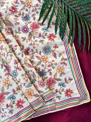 Off white embroidery work tussar cotton  saree with innovative blouse piece 1
