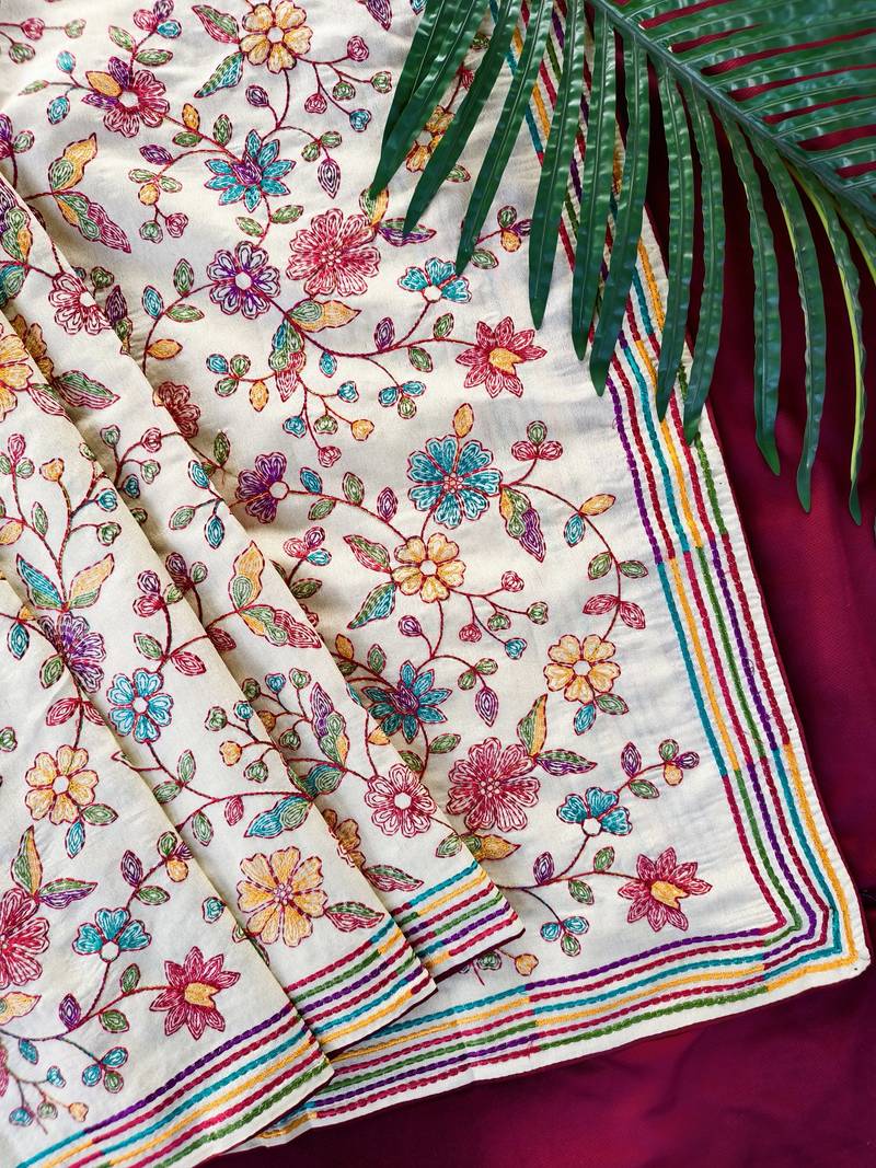 Off white embroidery work tussar cotton  saree with innovative blouse piece