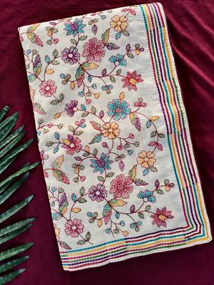 Off white embroidery work tussar cotton  saree with innovative blouse piece 4