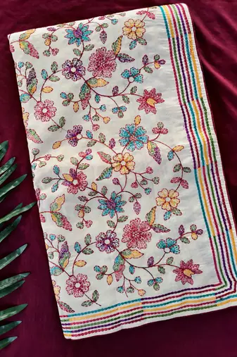Off white embroidery work tussar cotton  saree with innovative blouse piece