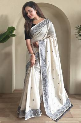 Gray & white pure loom tussar saree 1
