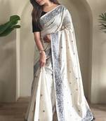 Gray & white pure loom tussar saree