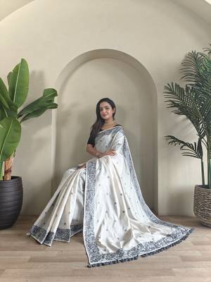 Gray & white pure loom tussar saree 2