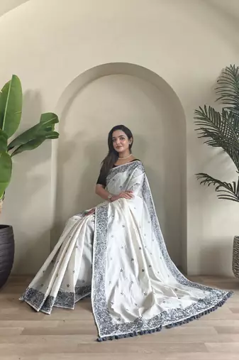 Gray & white pure loom tussar saree