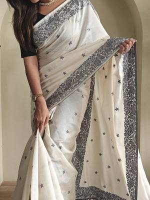 Gray & white pure loom tussar saree 3