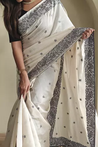 Gray & white pure loom tussar saree