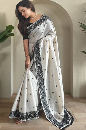 Black & white pure loom tussar saree