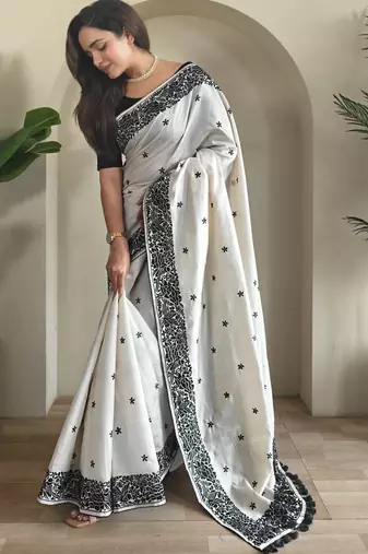Black & white pure loom tussar saree