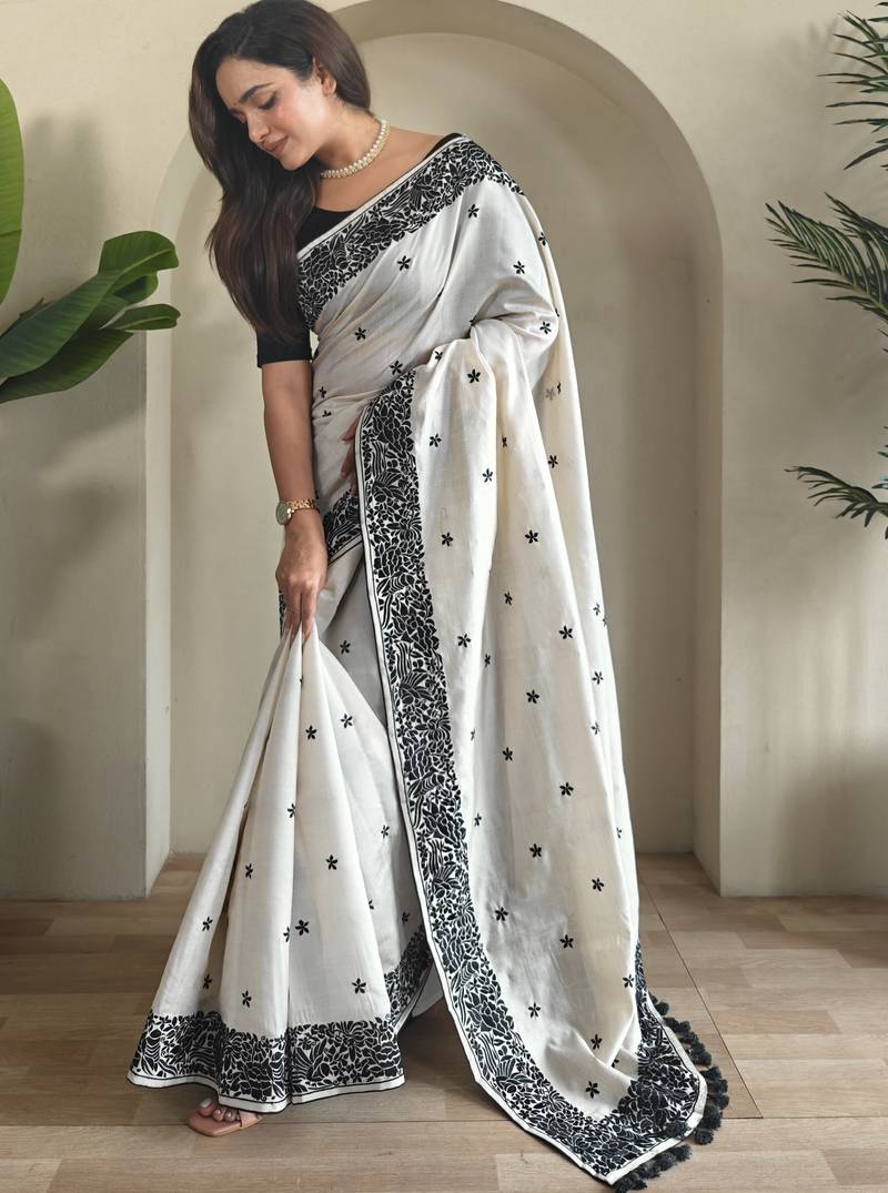 Black & white pure loom tussar saree