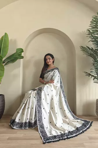 Black & white pure loom tussar saree