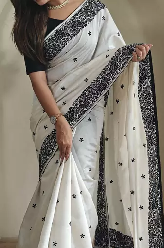Black & white pure loom tussar saree