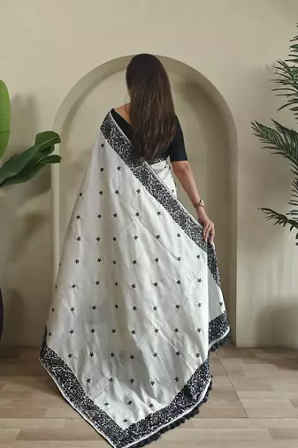 Black & white pure loom tussar saree