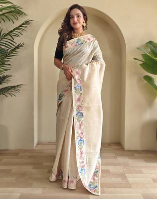 Beige embroidery work puretussar saree with  blouse piece 1