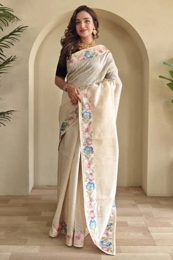 Beige embroidery work puretussar saree with  blouse piece