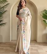 Beige embroidery work puretussar saree with  blouse piece