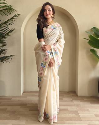 Beige embroidery work puretussar saree with  blouse piece 2