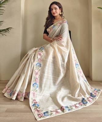 Beige embroidery work puretussar saree with  blouse piece 3