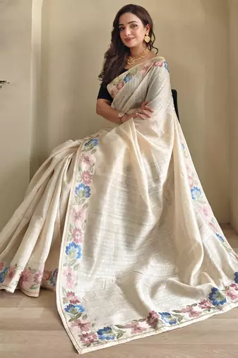 Beige embroidery work puretussar saree with  blouse piece