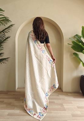 Beige embroidery work puretussar saree with  blouse piece 5