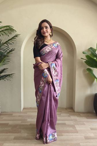 Pink embroidery work puretussar saree with  blouse piece