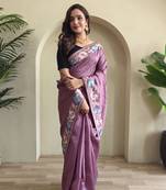 Pink embroidery work puretussar saree with  blouse piece